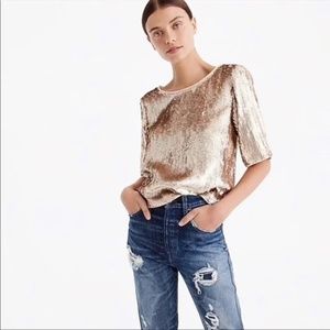 J Crew Top Size 6 Womens Rose Gold Sequin Shirt Ribbon Tie Bow Back Crop